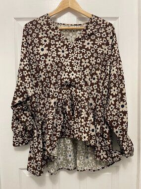 Wishing Waves Brown Floral Smocked Ruffle Blouse Top XL